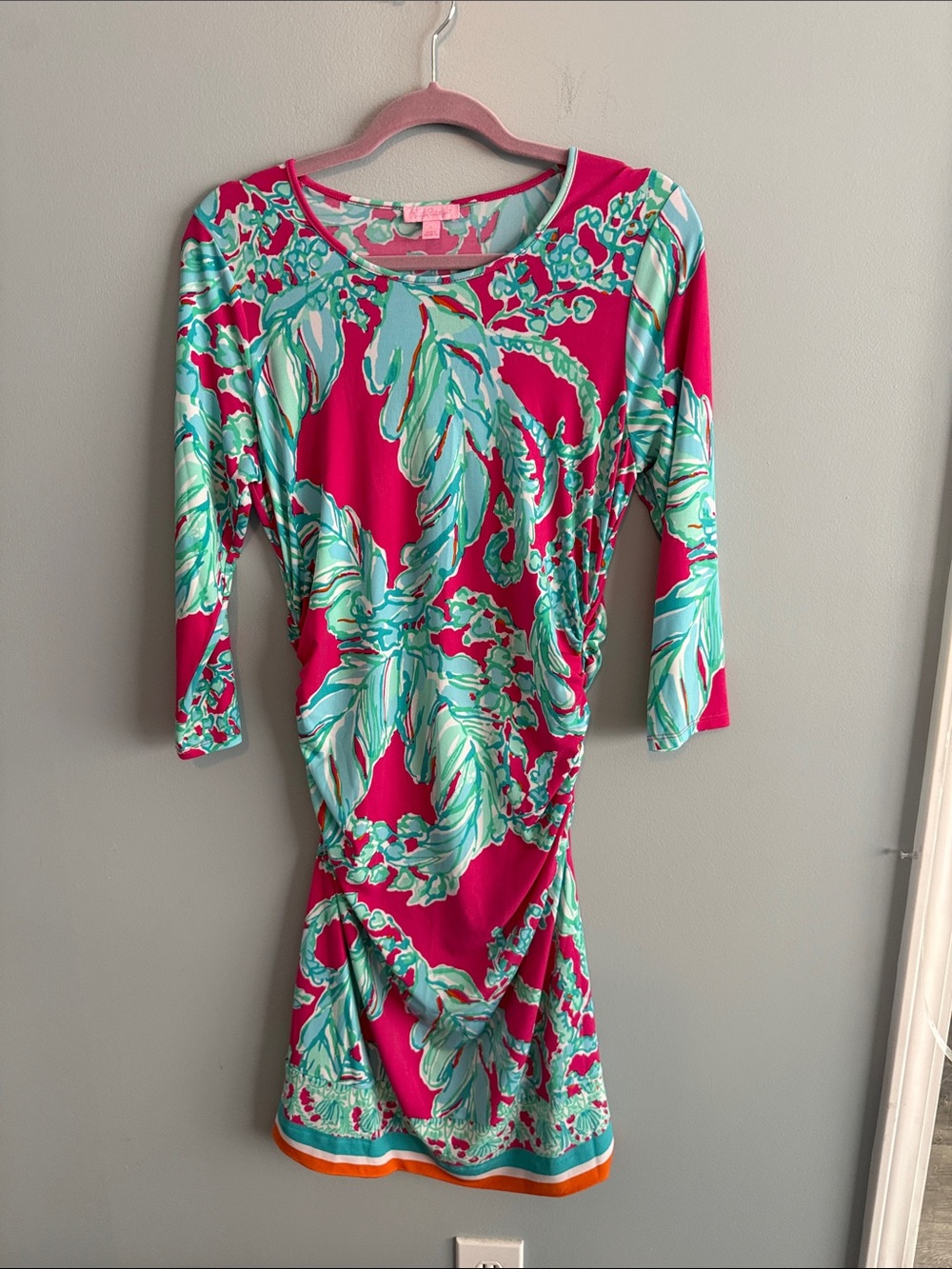Lilly Pulitzer Pink Tropical-Leaf Sheath Dress with Aqua Accents